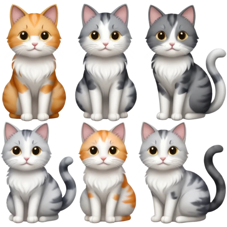 6 realistic looking cats with different natural coloured coats, assorted grey and white, greys, calico colours etc
 emoji