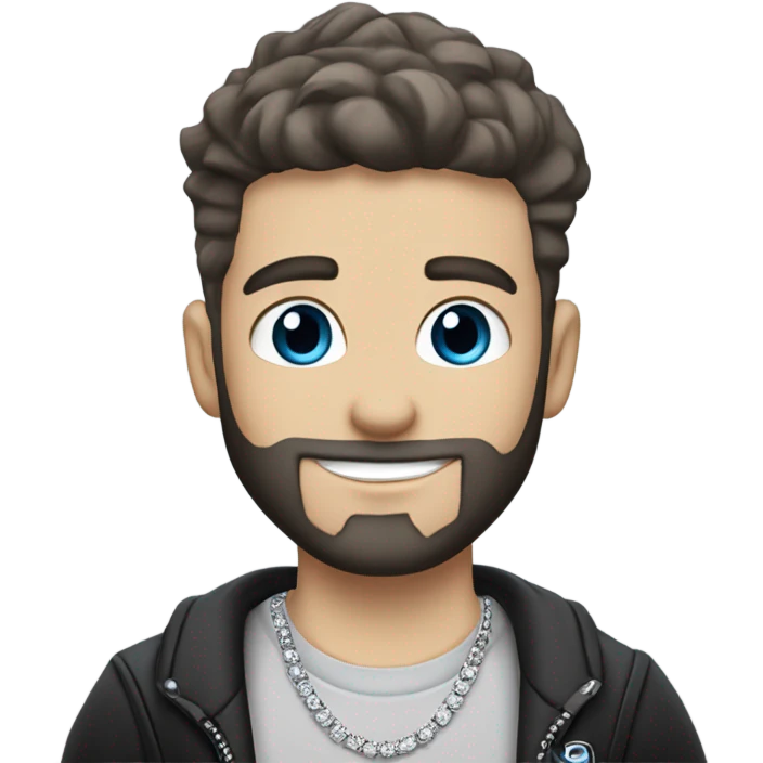 Younger white male that has grey blue eyes, dark brown hair with grey on the sides, a beard, and tattoos. He is wearing a diamond coated white gold necklace and a black punk band t-shirt while waving hello emoji
