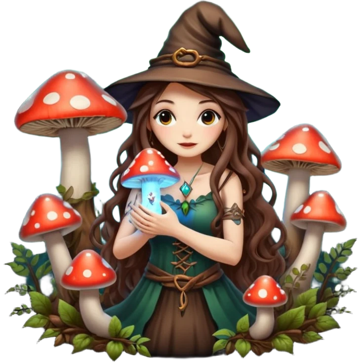 cute forest witch woman long wavy brown hair tattoos hugging glowing mushroom emoji