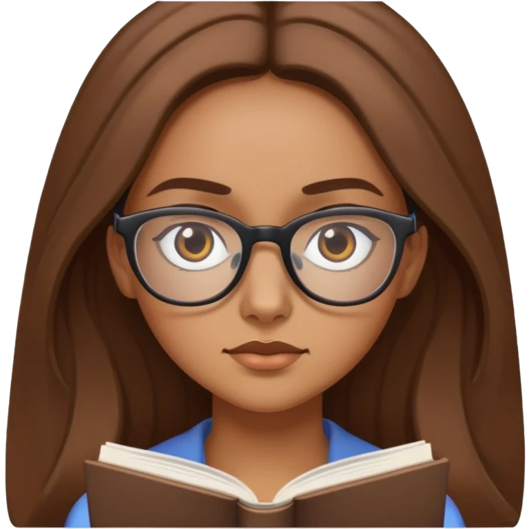 A white yet kind of tanned girl with long brown hair wearing reading glasses focousing  emoji