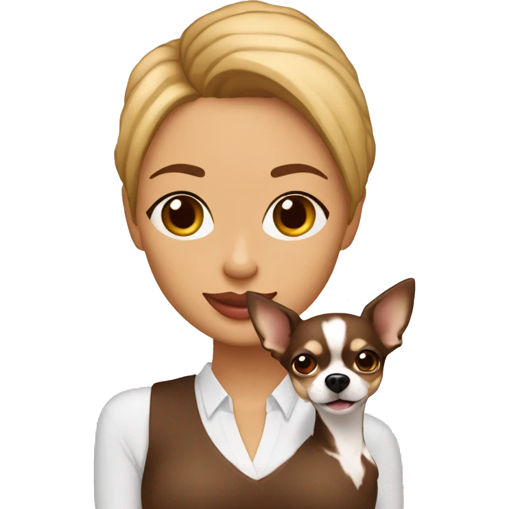 mujer con pelo  corto café claro y su perro Chihuahua emoji