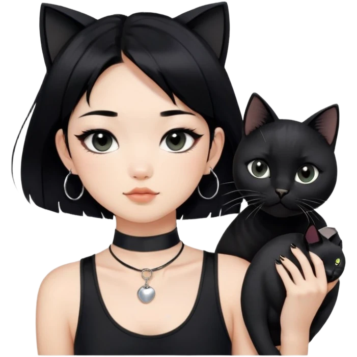 Asian cool girl, black hair.  Holding two BLACK cats. one cat has a round fat face, the other one has a slightly slimmer face. Both pure black.  The girl also wearing a black singlet, a black chocker, silver round hook earring, and wearing eyeliner.  emoji
