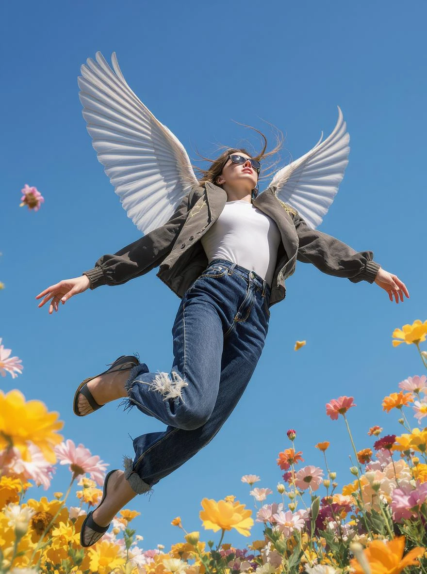 Closeup photo of a woman flying around colorfull flowers wearing alternative fashion, blue sky minimalistic background emoji
