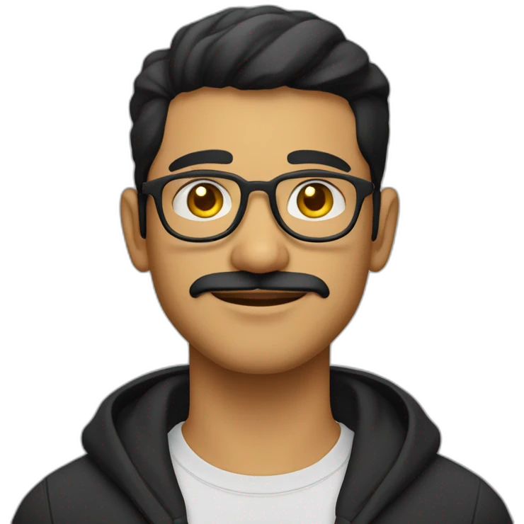 a light skin Pakistani man, wearing round glasses, short moustache, black hair, black jumper/sweater, structured manly face, yellow brimless cap emoji