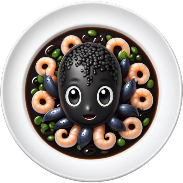 cinematic-realistic-black-risotto-dish-emoji,-showcasing-small squid pieces in black sauce -rendered-with-bold-textures-and-dynamic,-dramatic-lighting in a white plate emoji