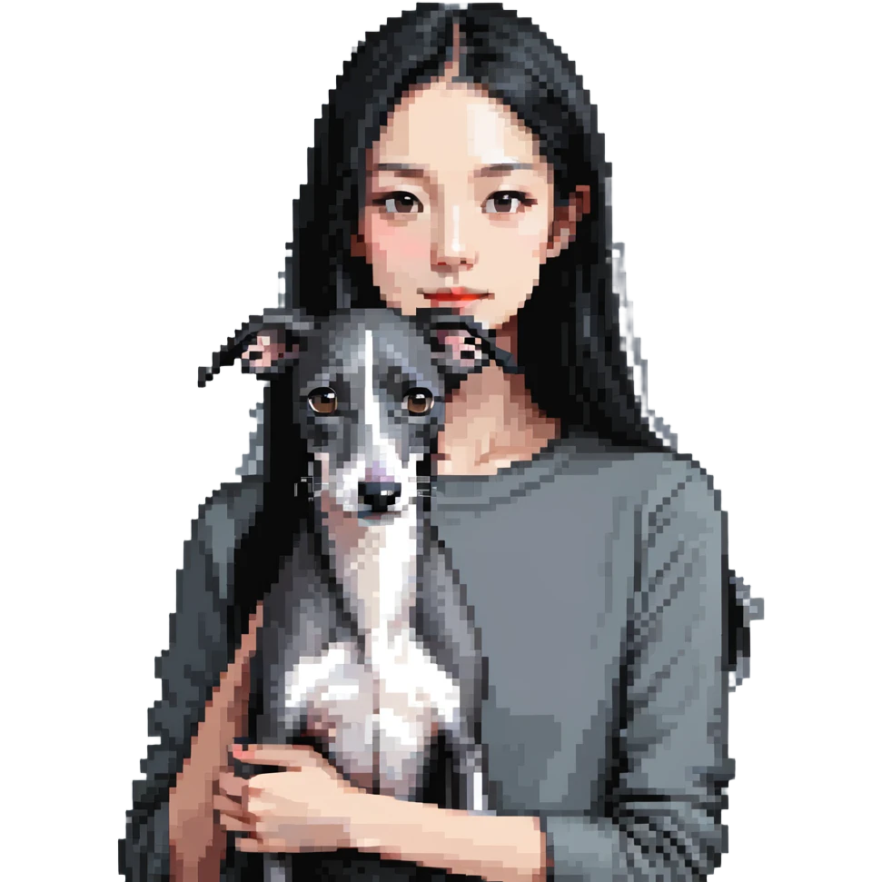Slim Chinese girl with long black hair holding solid grey Italian greyhound with no white markings on nose emoji