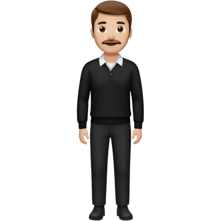 man with mustache, brown hair, 33years old, shirt, high temple Black pullover with a white shirt underneath and black fabric trousers 👕🖤👖 emoji