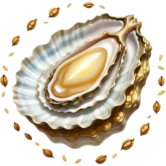 Ethereal oyster, golden walnuts, floating seeds, and a shining cut of lean meat spiraling around a small shield of light. Soft rays extend from the shield towards an illuminated body showing active cellular repair and regeneration. Foods emit a subtle glow as they orbit the protective shield. emoji