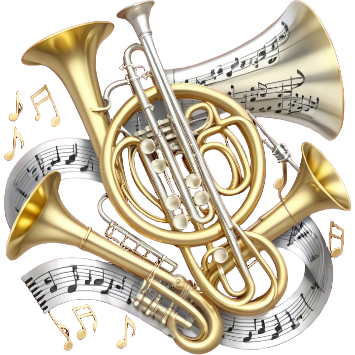 Create a festive and elegant emoji collage featuring a bouquet or fan of bells of wind instrument  (trumpets, saxophones, trombones, tubes, etc.) arranged in a radiant, symmetrical pattern. The instruments should have polished, golden and silver finishes, with their large, shiny bells forming a beautiful, fan-like display. Include a flowing ribbon of musical notes swirling through the center, conveying movement and melody. The background should feature a deep red velvet texture, adding a touch of luxury and sophistication. The overall composition should be balanced, with an elegant and regal feel, with a transparent background to keep focus on the instruments and musical elements. emoji