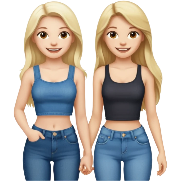 a long hair brunette pale girl and a blonde girl in jeans and crop tops smiling friends emoji