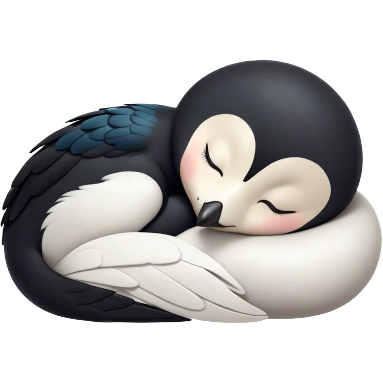 Meme-Worthy Cute Sleeping Magpie Portrait Emoji, Head resting peacefully with a contented smile, showcasing a sleek, elegant form with eyes gently closed in serene slumber and glossy, contrasting plumage, Simplified yet adorably endearing features, highly detailed, glowing with a soft, drowsy urban light, high shine, relaxed and utterly lovable, stylized with an air of playful laziness, soft glowing outline, capturing the essence of a sleeping magpie that feels destined to become the next viral icon of adorable rest! emoji