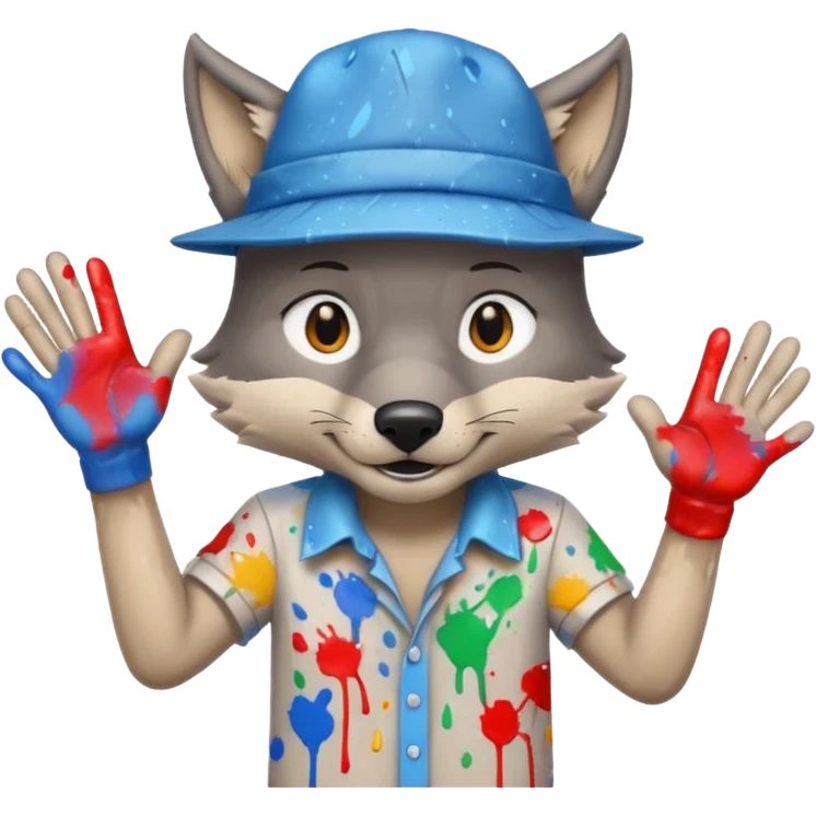 Wolf cartoon shaking hand wering hat and paint shirt children version  emoji