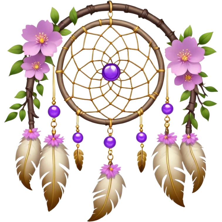 A white-birch Dreamcatcher. with purple-round-orbs, gold-rings hanging down. purple flowers, pink sakura flowers, emoji