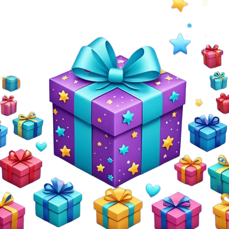 cute gift box with sparkling stars and hearts, smiling wrapping paper, vibrant colors, joyful and romantic mood emoji