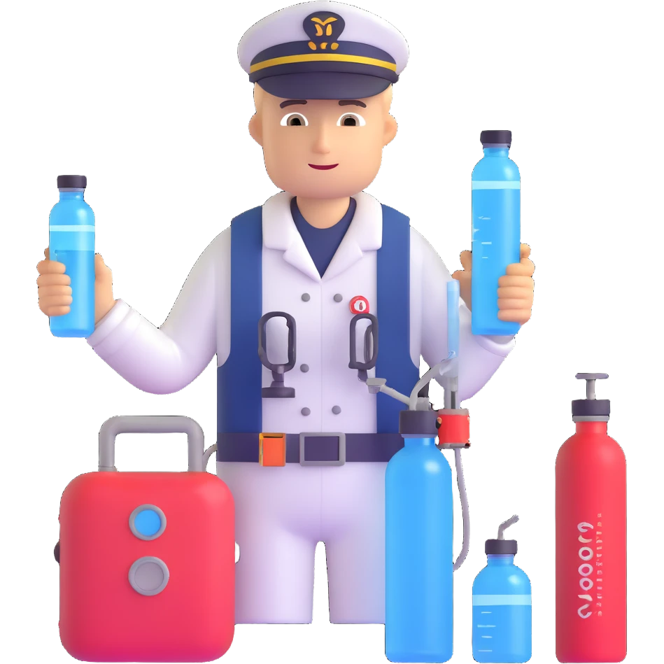Oceanologist sailor from Vladivostok with scientific instruments, CTD sensor, water sampling bottles, and marine life emoji