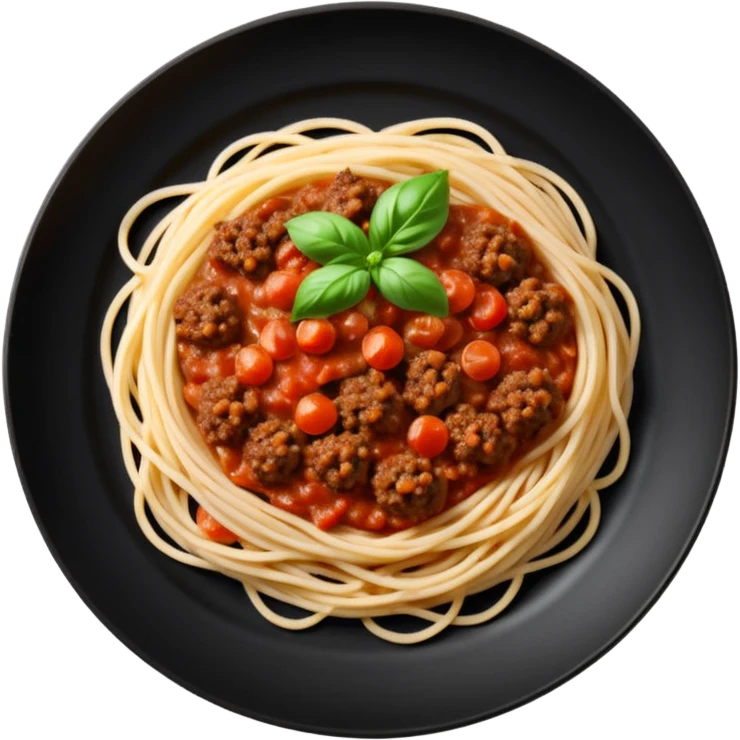 Spaghetti Bolognese on a black plate,nice basil on top emoji