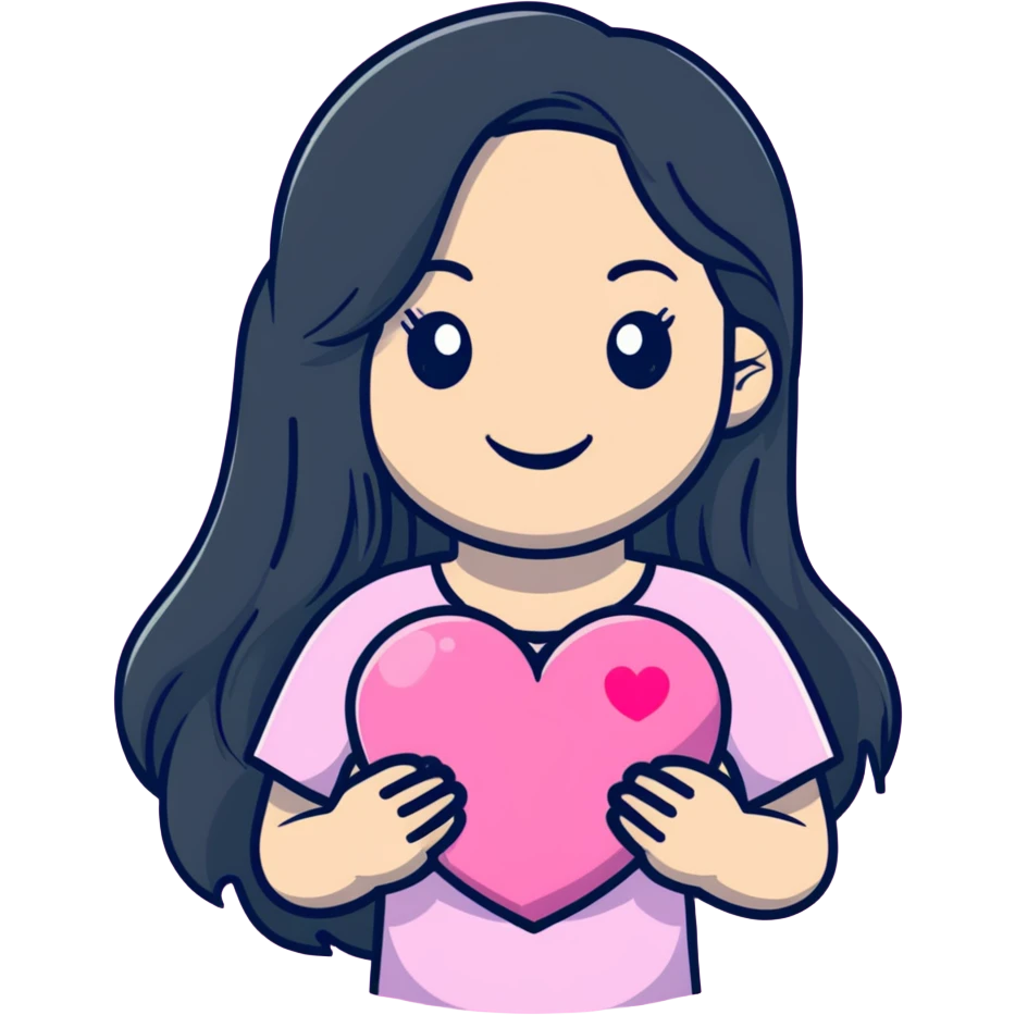 a black girl with long hair hols a pink heart with a smile emoji