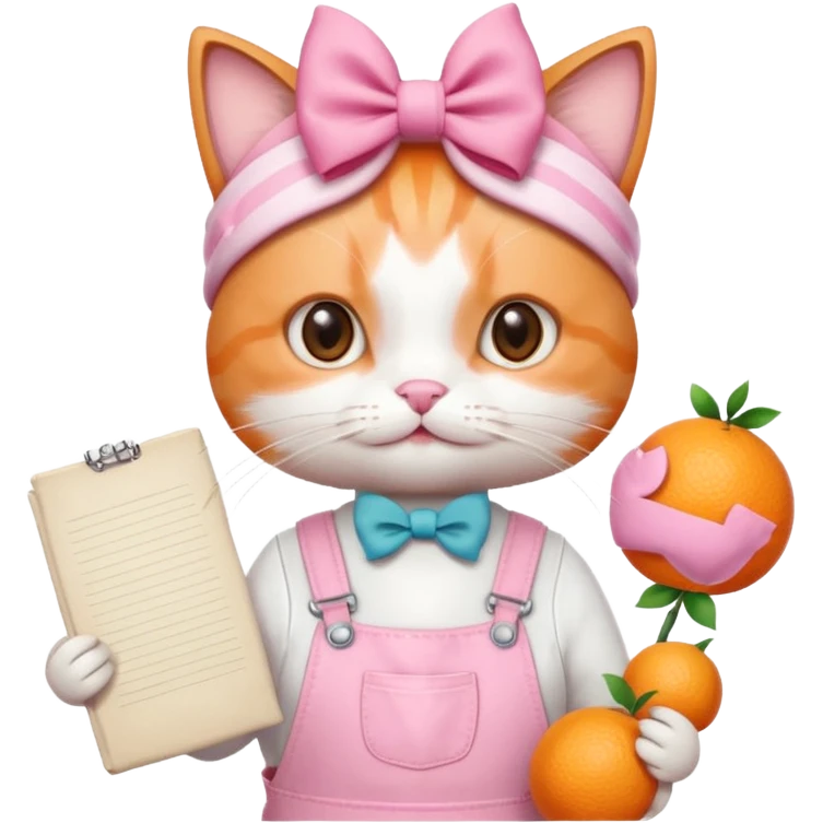 گربه ی نارنجی سفیدتقریباً لباسش حالت بیلر باشه سفید و صورتی پاپیون رو سرش باشه یک کاغذ بزرگ تزیین شده توی دستش باشه emoji