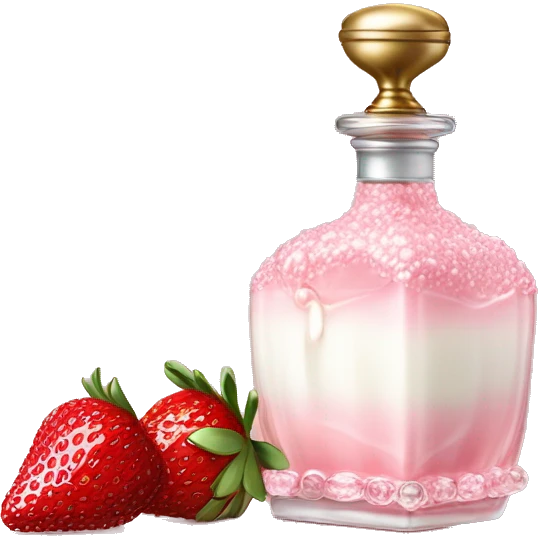 Antique parfumerie bottle with oil, made of red crystals, white cream and pink strawberry milk pour from the bottle emoji