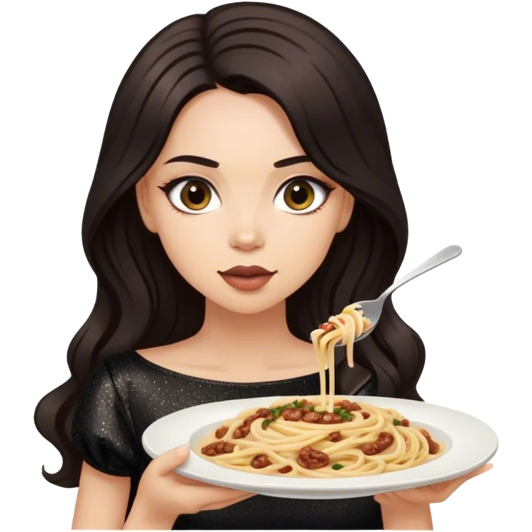 Beautiful woman in 1950’s woman fashion look, black shimmery dress, long dark brown hair, Carbonara emoji