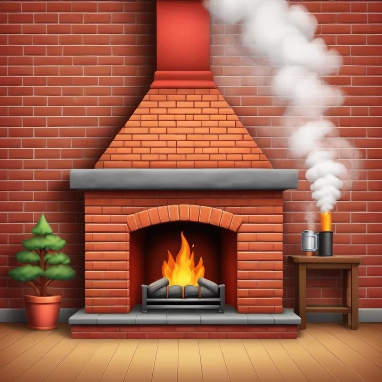 cozy red brick fireplace with a tall chimney and smoke rising from the chimney emoji