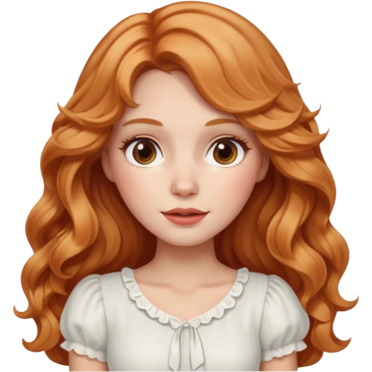 white woman  with strawberry blonde super long wavy hair, white skirt, blushed cheeks emoji