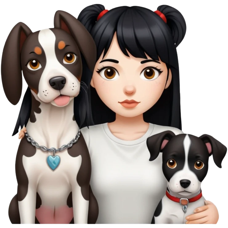 girl with long black  straight bangs hair with tattoo and a Springer dog  and  bull terrier emoji