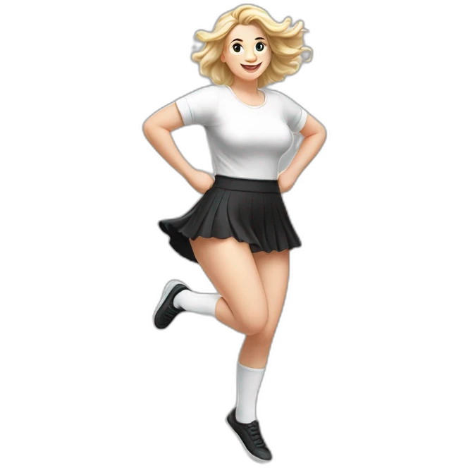 realistic full body caucasian curvy beauty jumping short black skirt back and front views strong wind white knickers long white socks emoji
