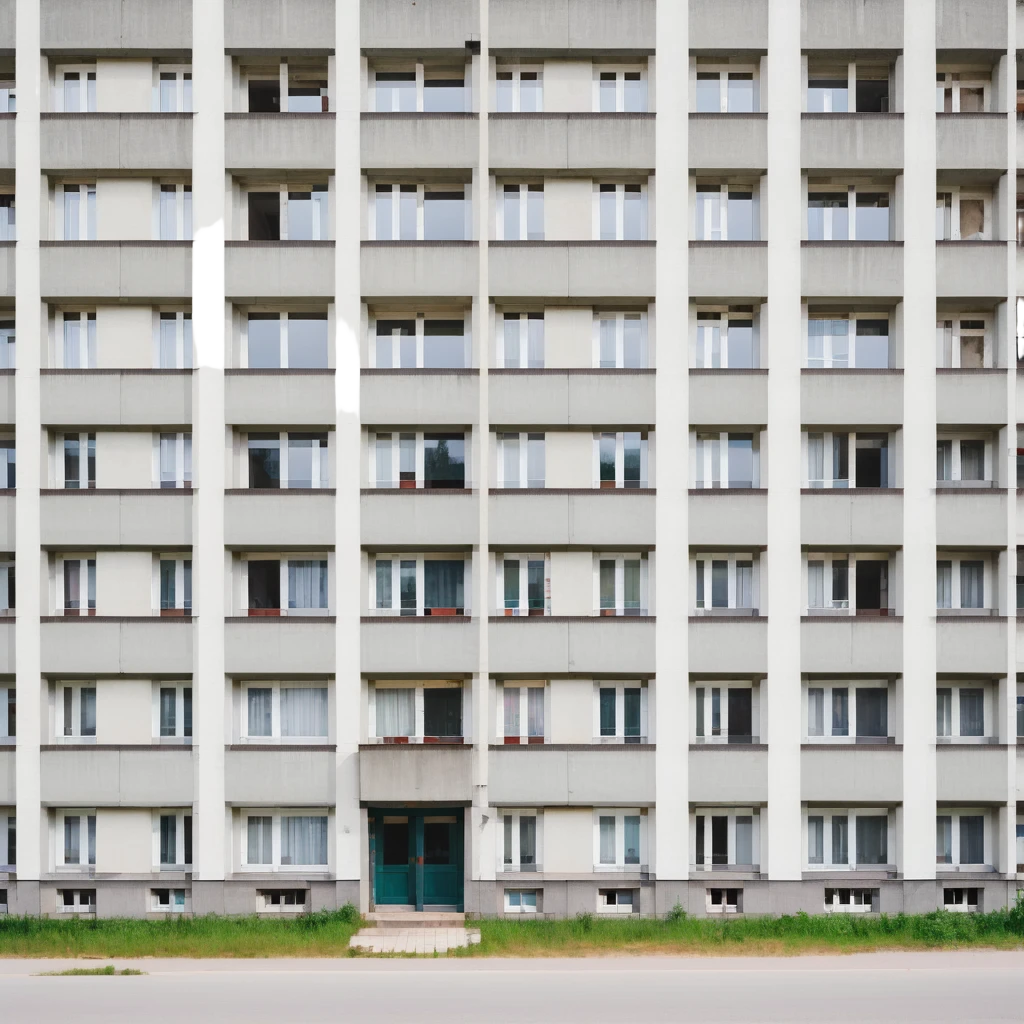 Soviet-era panel apartment building with rows of identical windows, gray concrete facade, flat roof, typical Russian multi-story residential building emoji