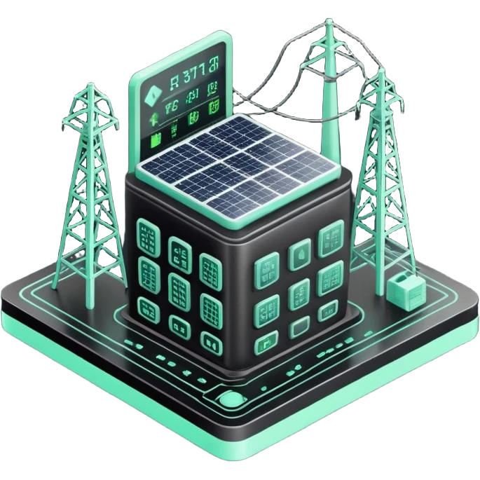 Énergie (Energy), 3D technical icon with black and mint green (#B5F4D3), energy regulatory framework with power grid schematics and compliance metrics emoji