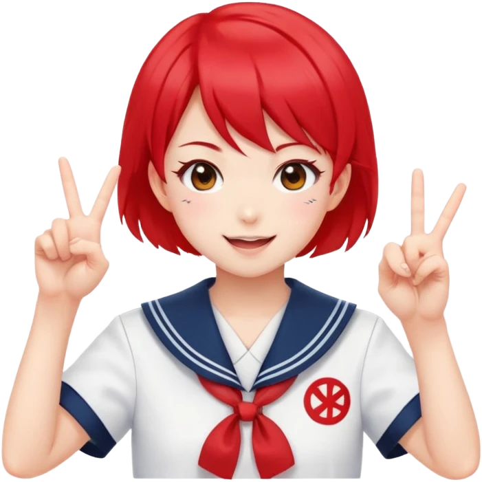 Energetic anime girl with short bright red hair wearing Japanese sailor style school uniform, winking and making double peace signs, very cheerful and bubbly, kawaii style emoji