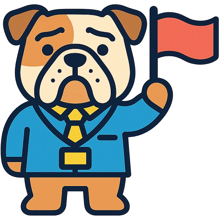english bulldog tour guide as a web button icon waving a flag, color outline style emoji