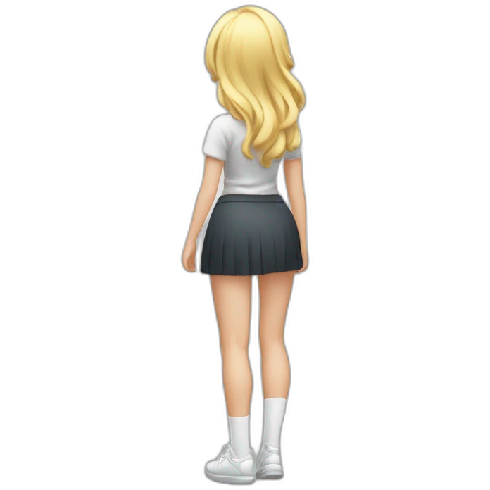 full body back view curvy caucasian beauty in small skirt lifted by the wind butt white socks emoji