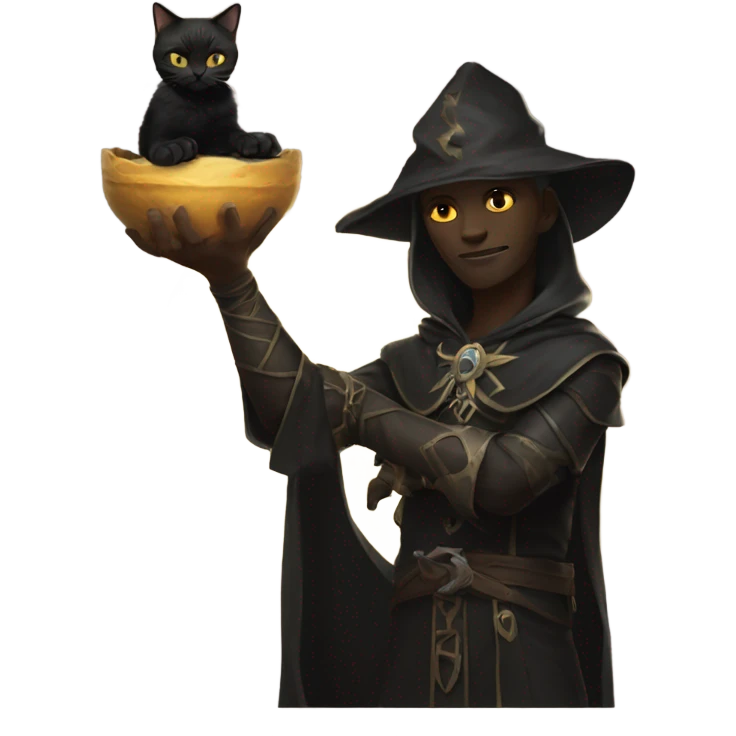A pale sun warlock who is holding a black kitten emoji