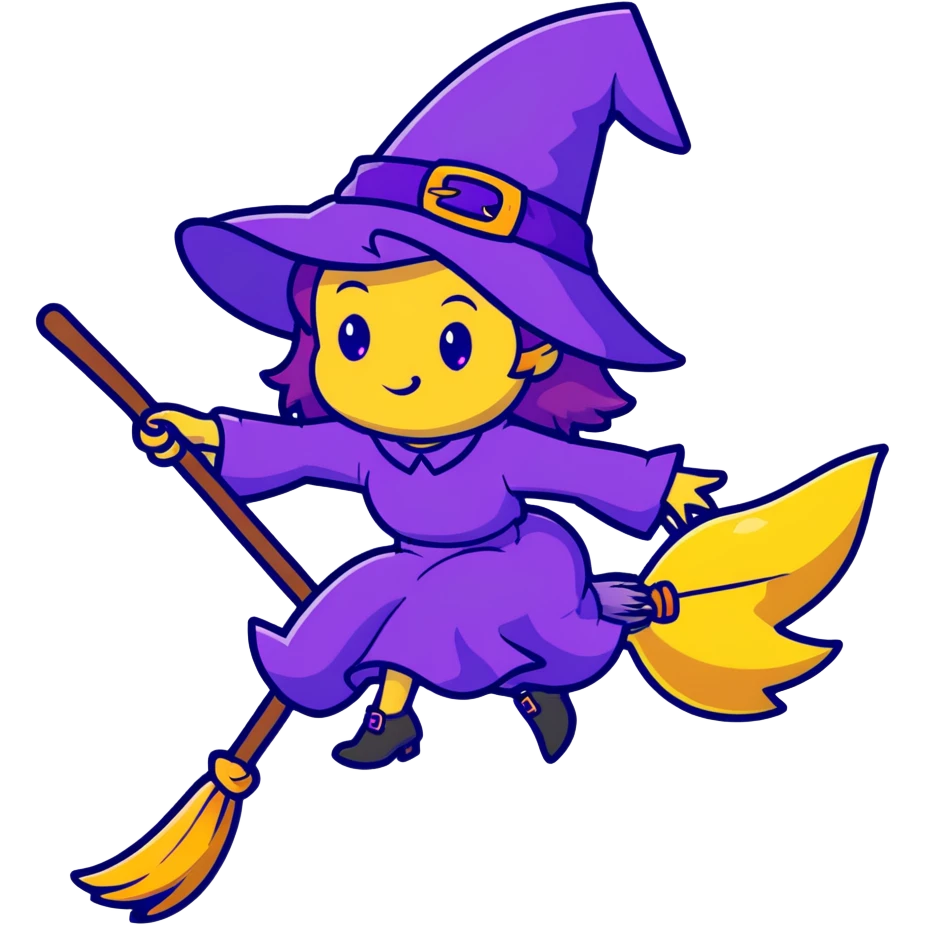 cute witch with purple hat flying on a magical broom with sparkles emoji