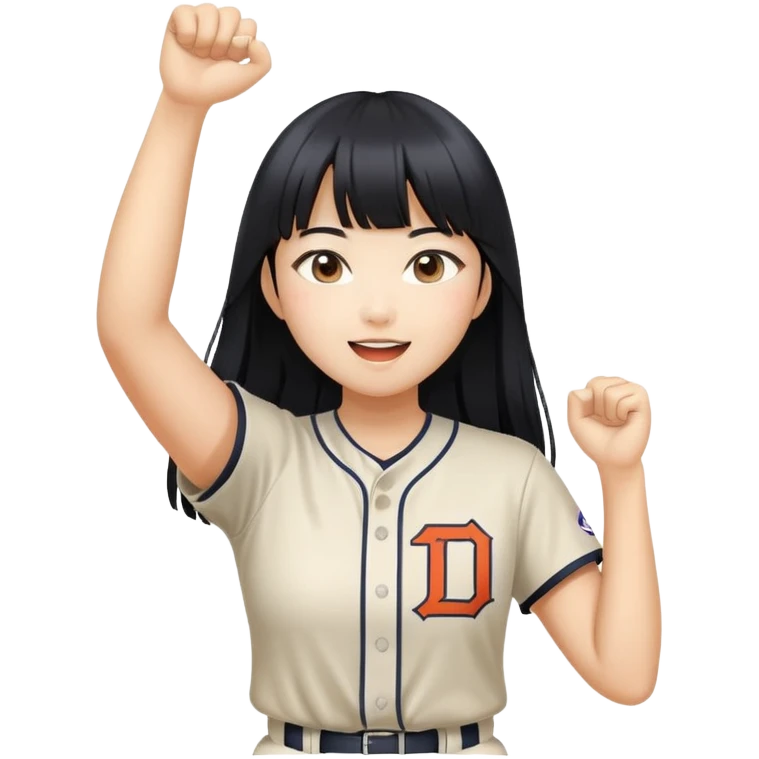 Asian woman with long black straight hair with bangs cheering for Doosan Bears baseball team emoji