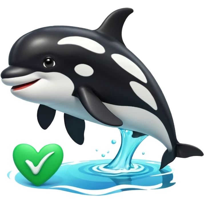 3d Cartoon orca with a green checkmark next to it emoji