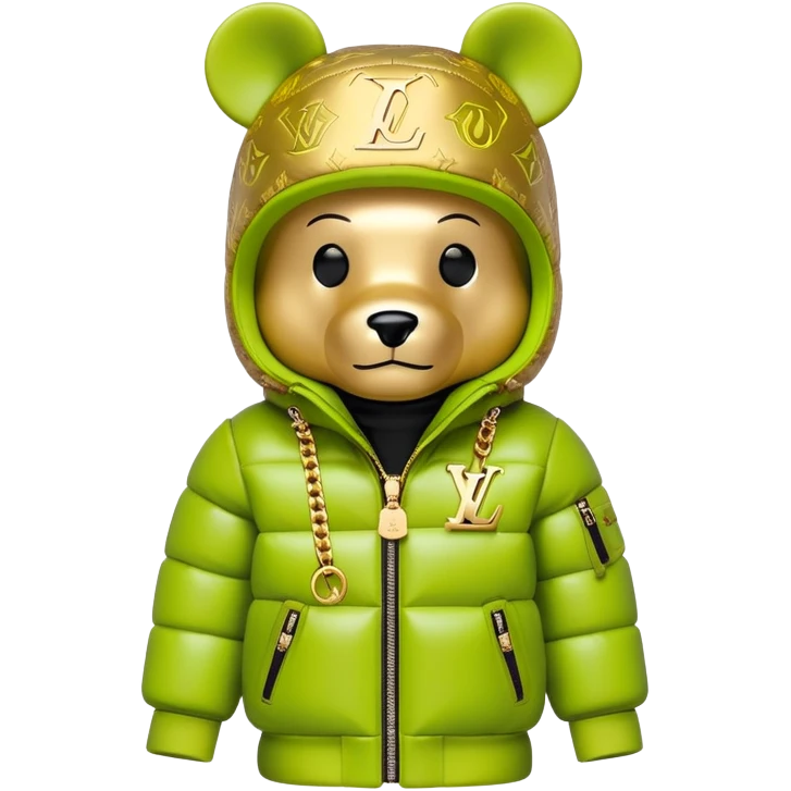 traditional cube-shaped bearbrick toy with squared head, lime balaclava with graffiti logos and integrated dark visor shield, Louis Vuitton monogram puffer jacket with plush fur hood trim, gold chains emoji