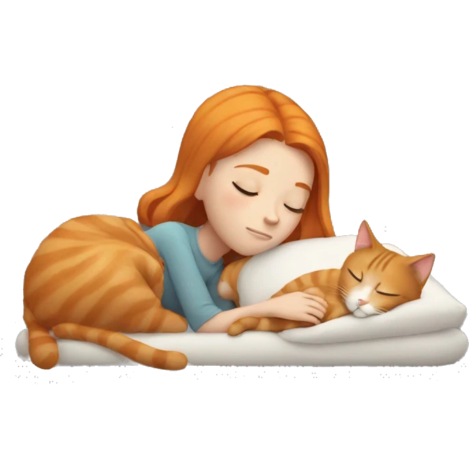 Sleeping ginger girl next to gray cat  emoji