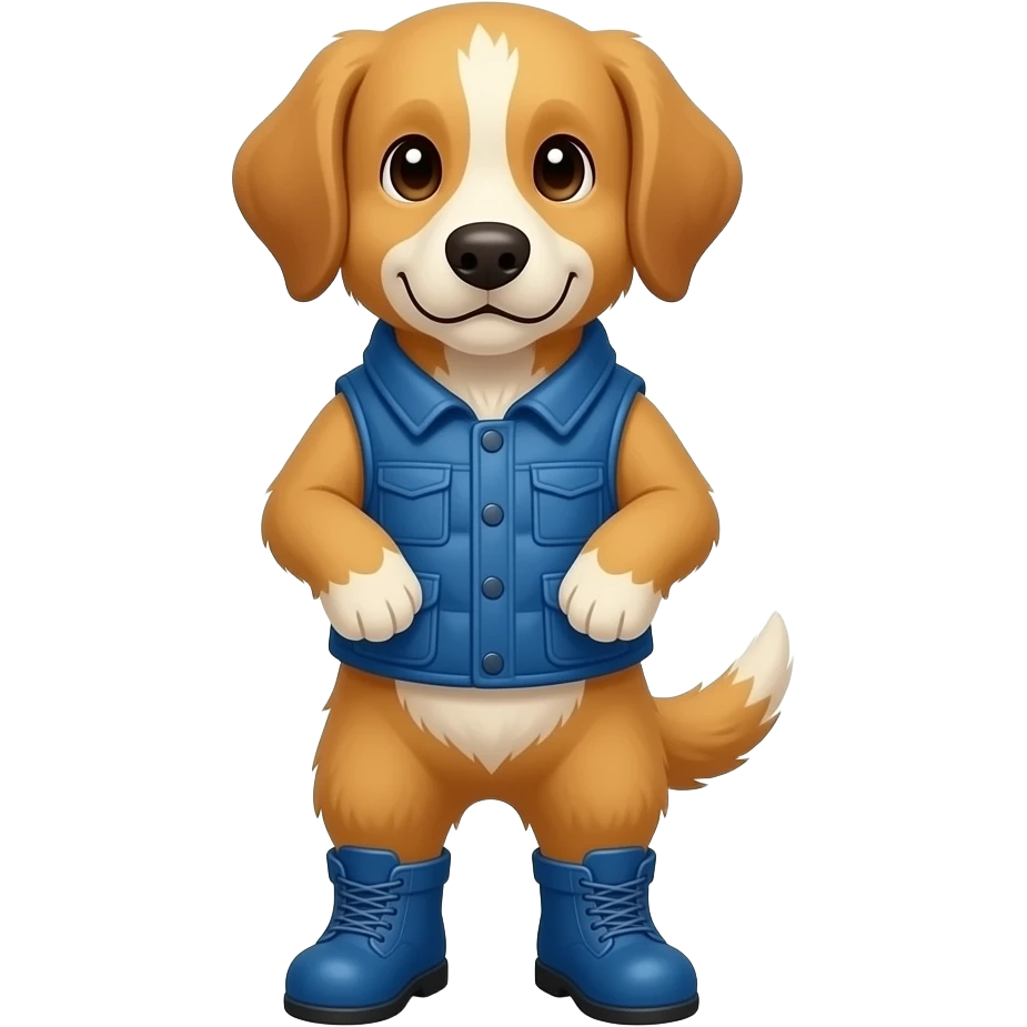 Make me a yellow and brown dog, a golden retriever, with floppy ears, that stands on two legs, has a white patch on its chest, wears a blue vest and boots Draw it in a cute cartoon style. Take the view from above emoji