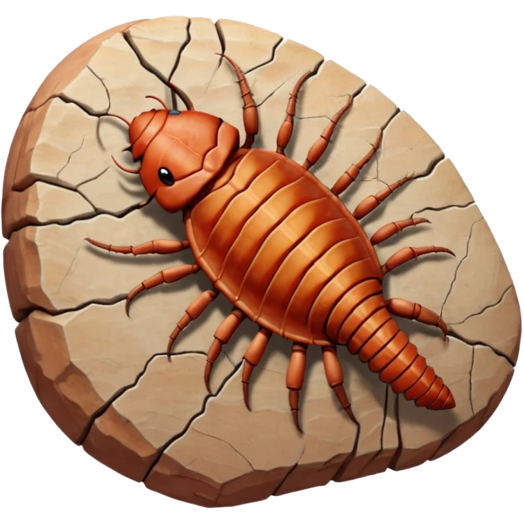 3D render of Trilobite, embedded in a chunk of rough sedimentary rock, cracked stone texture, ancient fossil aesthetic, fossilized in reddish sandstone rock, matte dry finish, Apple emoji style, isolated on white background --v 6.0 emoji