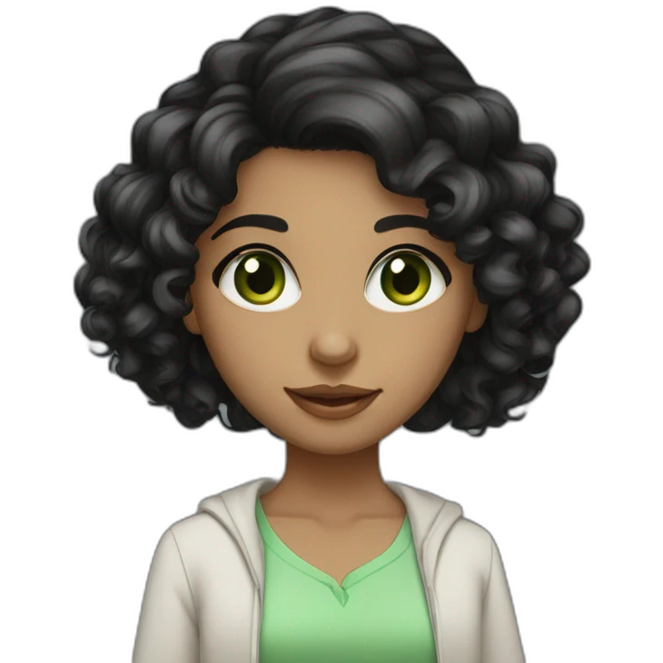 Medium length Curly black hair girl big green eyes arab skin color emoji