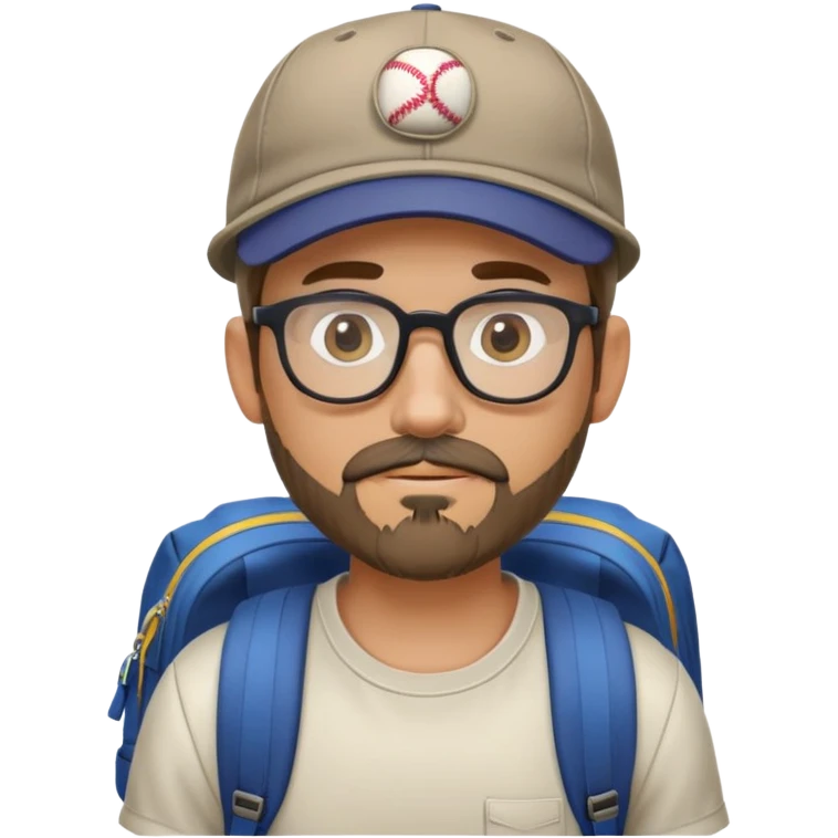 adventurer with goatee beard (no beard on cheeks), short hair, glasses, backwards baseball cap and backpack emoji