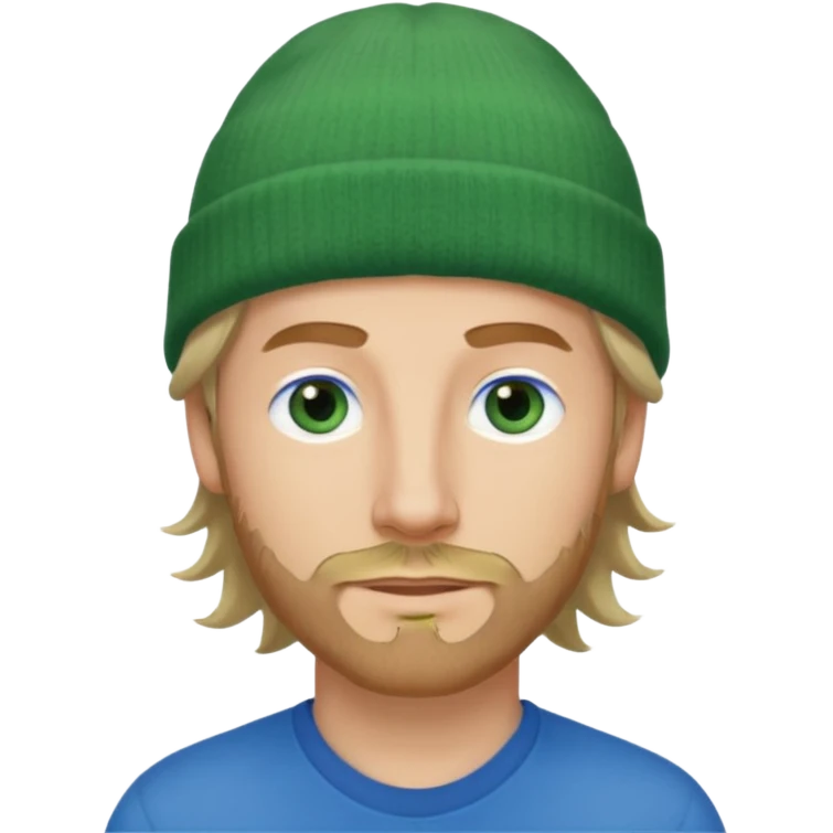 white man, mid thirties, blue eyes, mid length wavy hair, green beanie hat, stubble, face only emoji