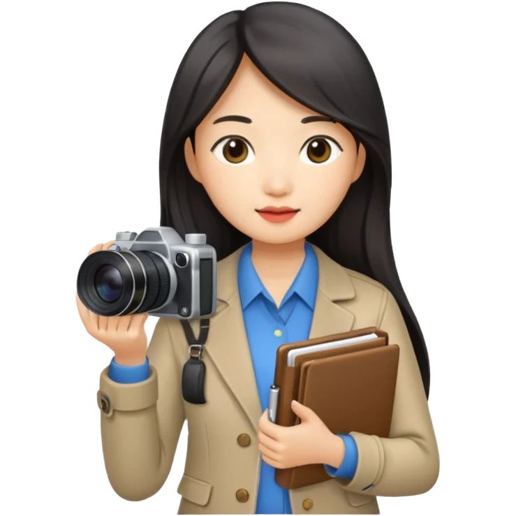 journalist asian woman long hair holding camera and notebook emoji