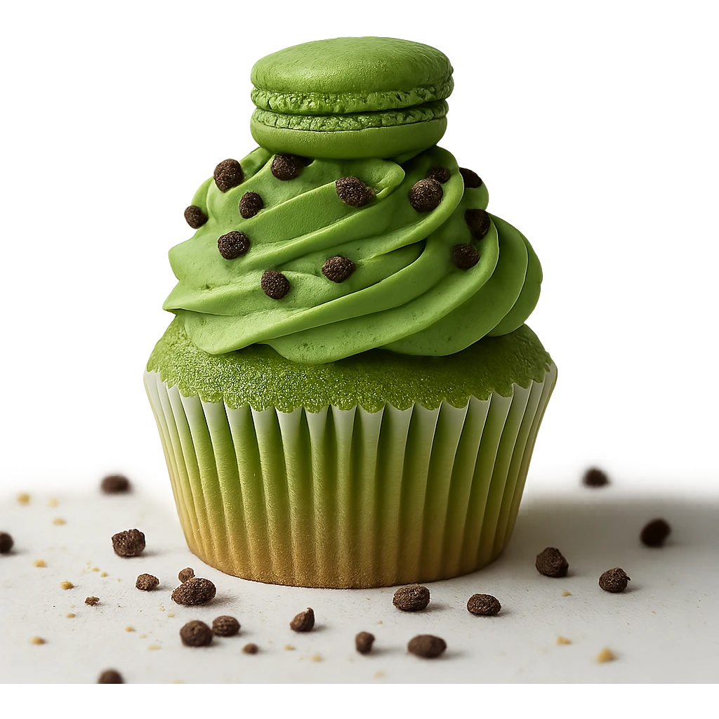 Change the icing to matcha (green tea) flavor, keep the realistic cupcake and accessories, photorealistic style, transparent background. emoji