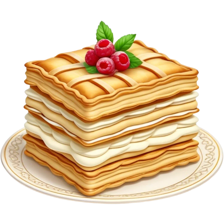 Mille-feuille Cinematic Realistic Mille-Feuille Dessert Emoji, depicted as a delicate pastry composed of two crisp layers of puff pastry with a rich cream filling, rendered with intricate textures and elegant, soft lighting. emoji