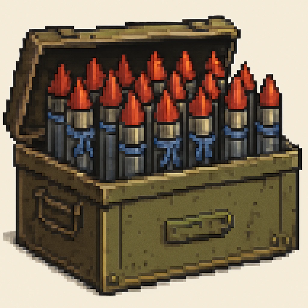 A big long military box filled with long war rockets with a blue ribbon, pixel art style emoji