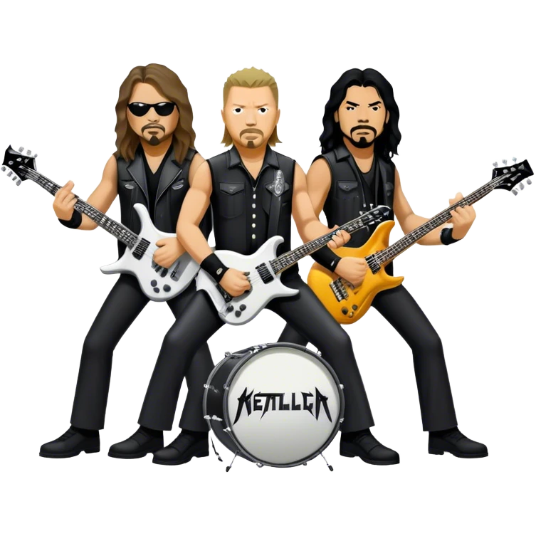 Icon for Metal Music: Metallica band members detailed in their signature look. James Hetfield with guitar, Lars Ulrich on drums, Kirk Hammett with his electric guitar, and Robert Trujillo playing bass. Bold, energetic style with musical notes, all in a heavy metal aesthetic. Transparent background. emoji