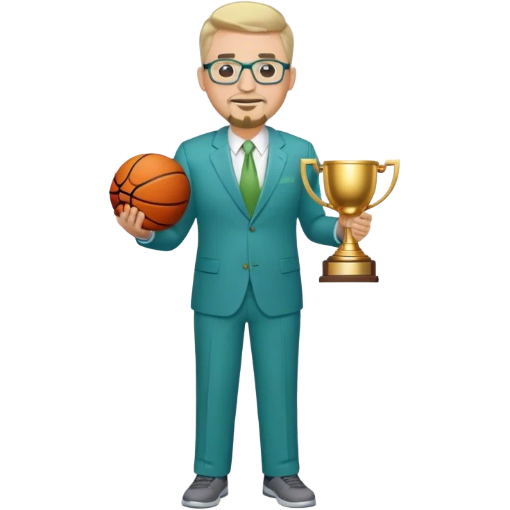 Full Body white male plus size wearing glasses with a goatee with light blonde and gray very short hair happy basketball head Coach in blue and green suit holding trophy emoji